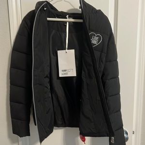 Love Moschino logo front hooded quilted jacket in black, brand New never worn